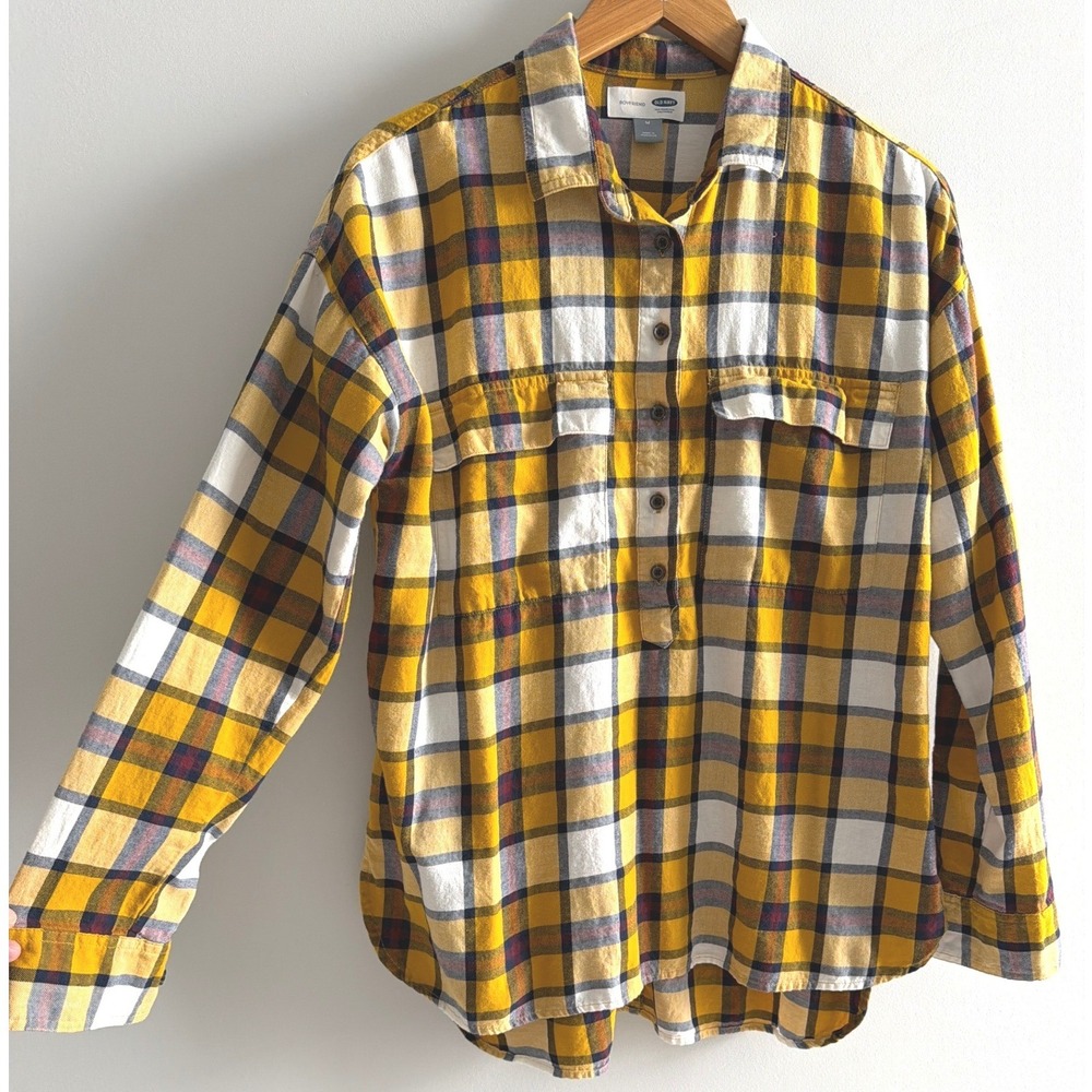 Old Navy Flannel Shirt Yellow Plaid Cotton Boyfriend Oversized Henley Blouse M - Picture 4 of 8